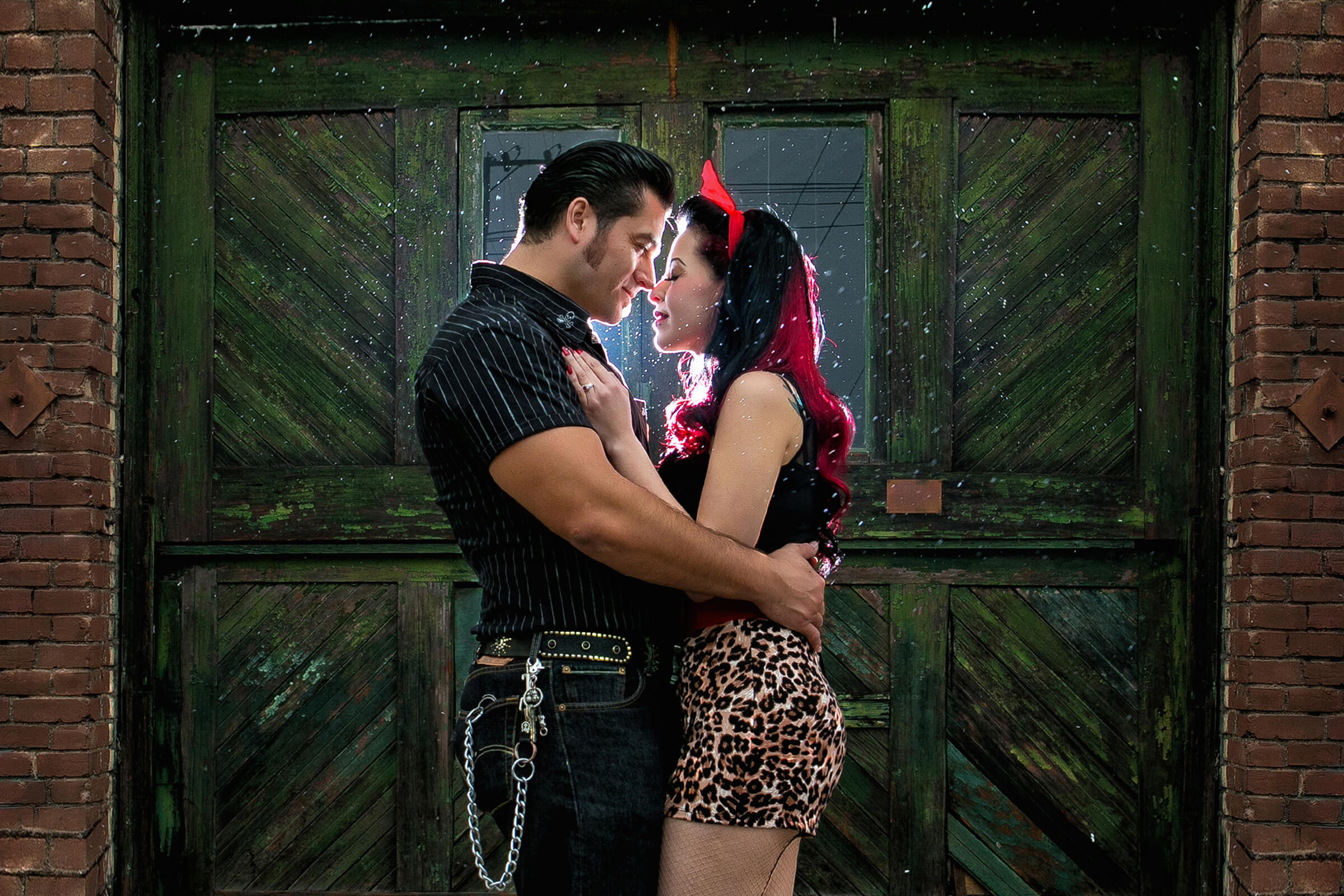 Engagement Photographer LA - Brick wall rockabilly couple engagement IMAGE369