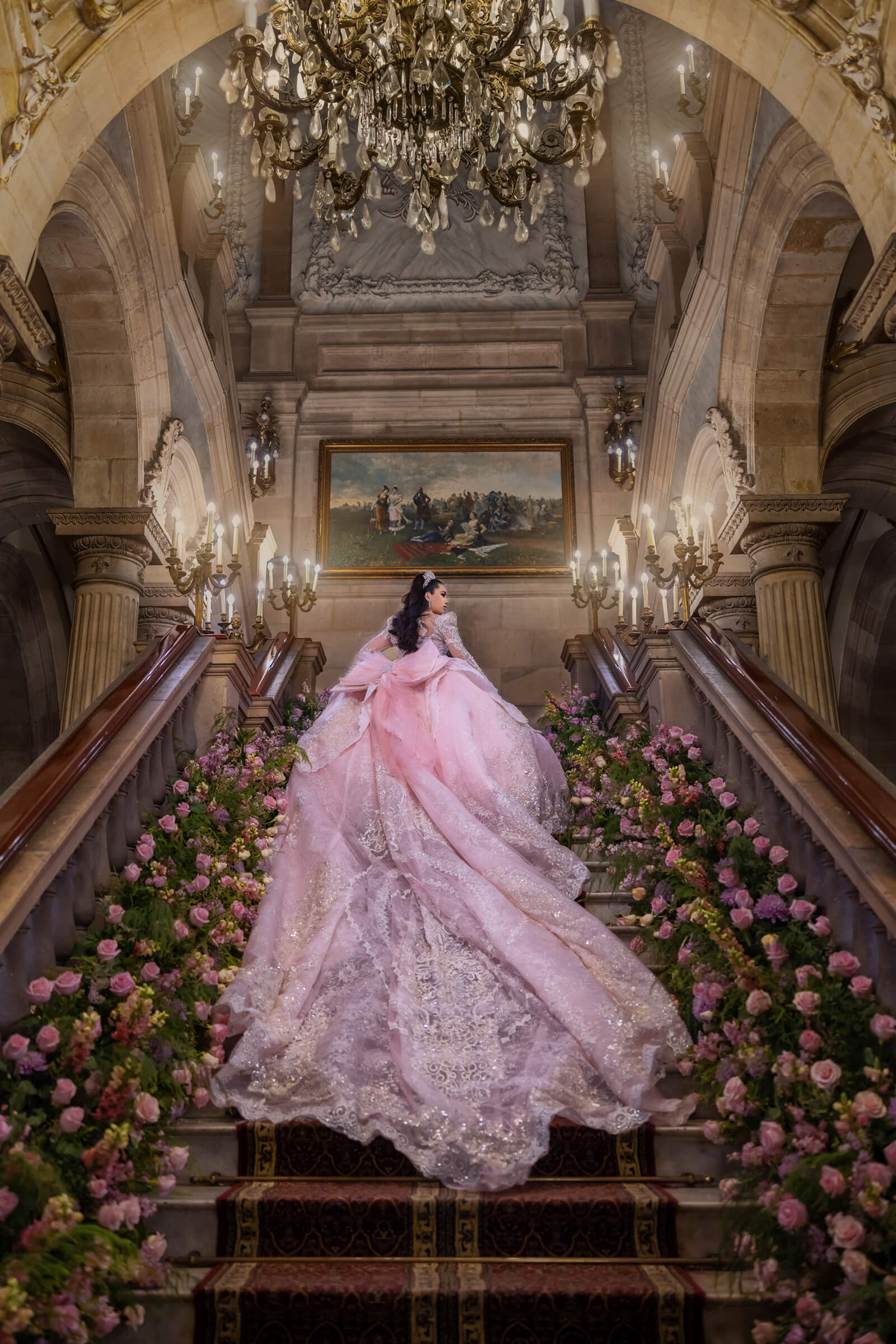 Quinceañera photography Los Angeles Image369 — Quinceañera in pink gown on grand staircase