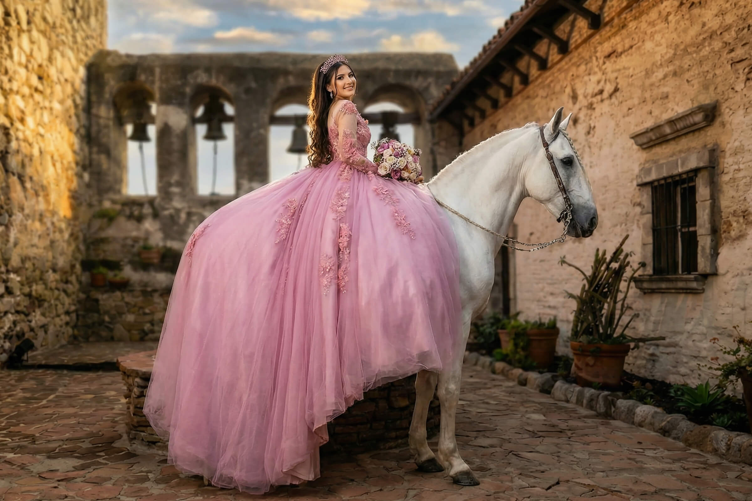 Save the Date Session Los Angeles - Mission Viejo quinceañera pre-shoot with white horse IMAGE369